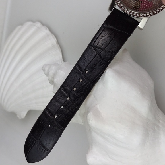 Stauer Rhinestone Black Leather Crock Embossed Band Stainless Steel Watch - Picture 10 of 12